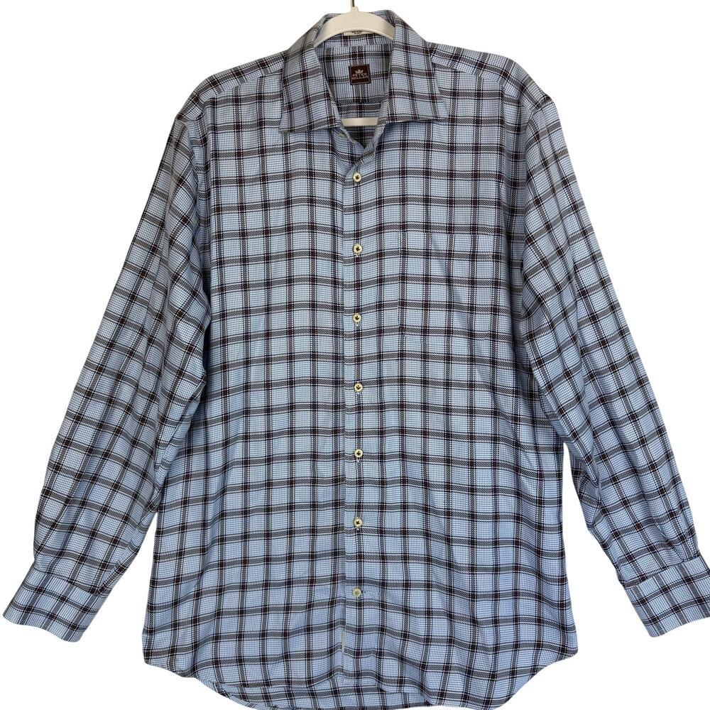 Peter Millar Mens Large Button Front Shirt Blue Brown Plaid Check 100% Cotton LS